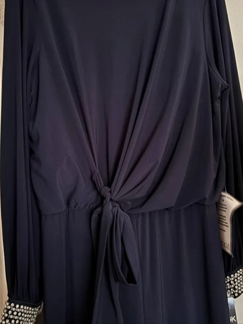 MSK Black Wide-Leg Jumpsuit with Tie Waist Faux Pearl and Gem Cuffs Size M Bnwt - Picture 2 of 2